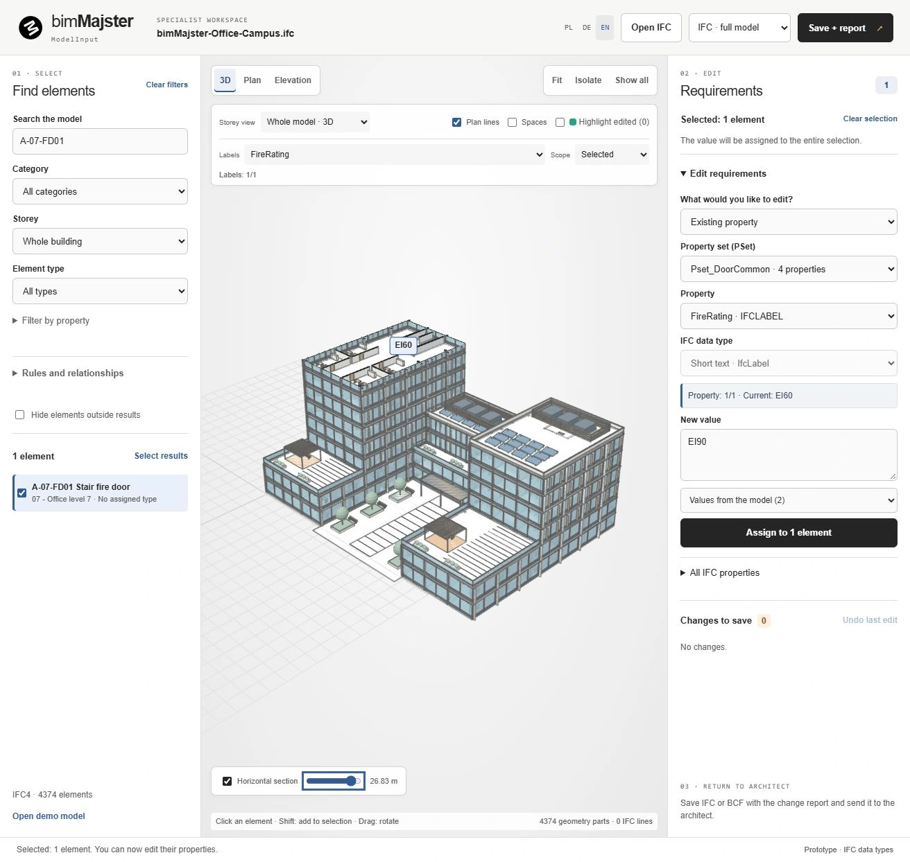 ModelInput: vollständiger eigener IFC-Democampus mit Schnitt im obersten Geschoss, sichtbaren unteren Geschossen und ausgewählter EI60-Tür