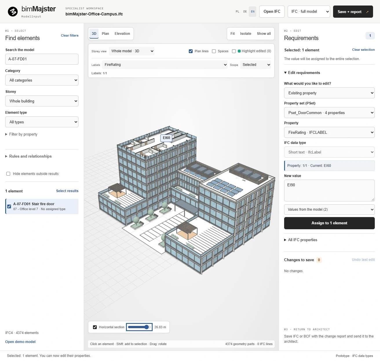 ModelInput: gesamter eigener IFC-Democampus unterhalb des Schnitts im obersten Geschoss, ausgewählte Treppenraumtür EI60